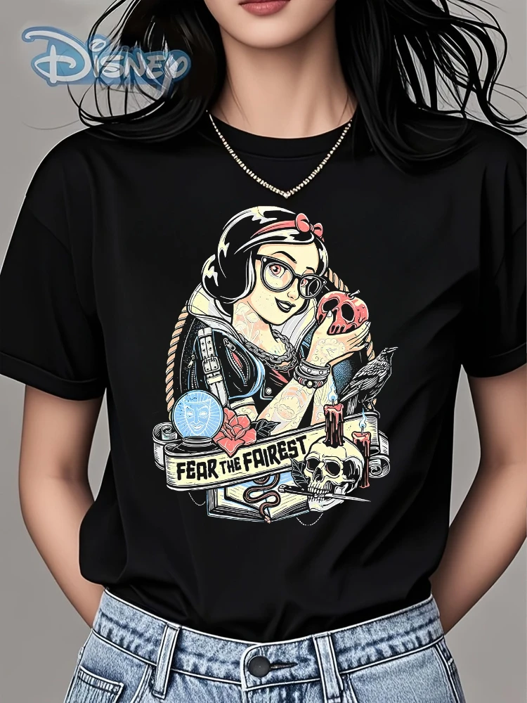 ديزني 2026 جديد ديزني ديابلو سنو وايت شخصية موضة طباعة المرأة تي شيرت سهل الموضة حجم كبير كم قصير