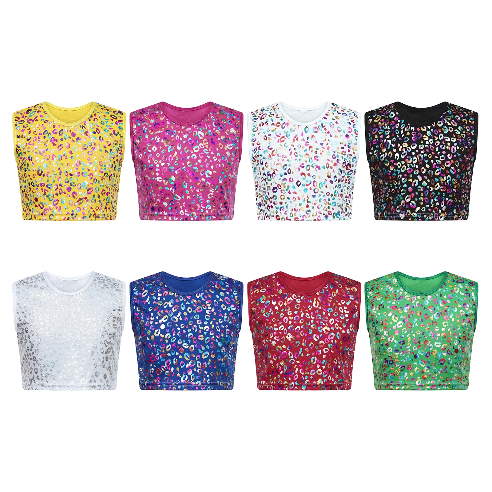 Cheerleading Dance Tops for Kids Girls Metallic Leopard Crop Top Sleeveless Vest Tank Top Jazz Hip Hop Dance Performance Clothes