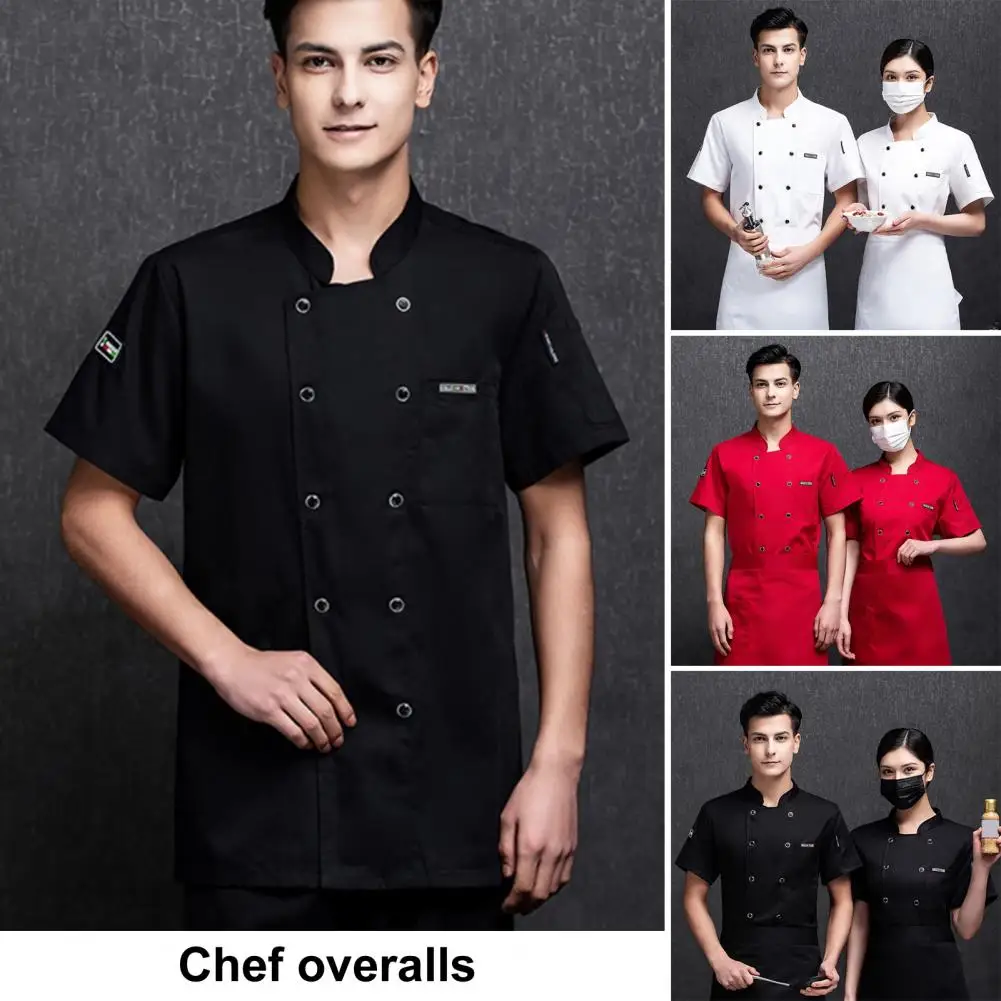 Unisex double-breasted Chef camisa, cozinha Top, manga curta, gola, solto uniforme de cozinheiro, padaria, restaurante, garçom, Top