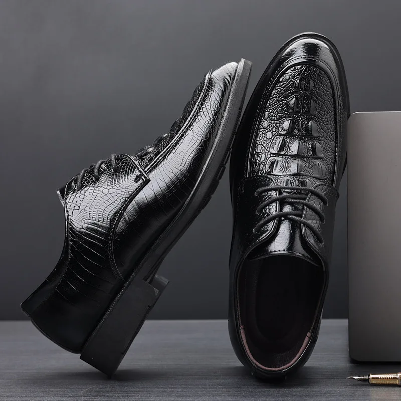 Casual Business Shoes for Men Crocodile PU Leather Men Dress Shoes for Male Formal Style Wedding Oxfords Lace Up Shoes Plus Size