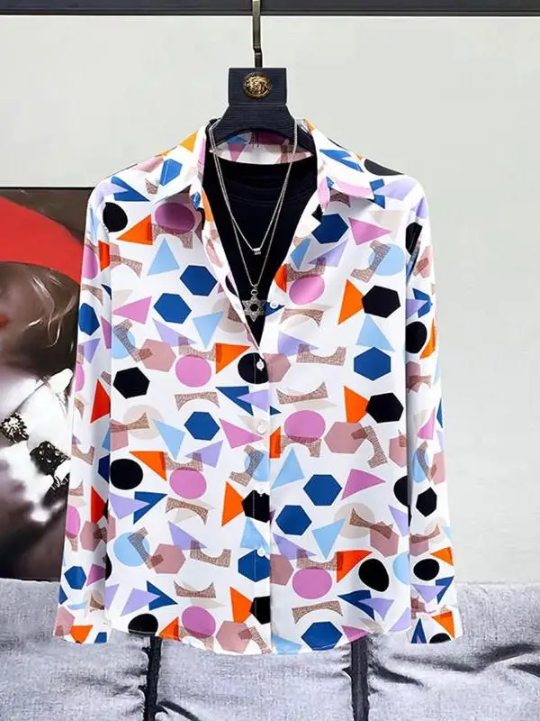 

Мужской топ из ледяного шелка с модным геометрическим принтом весна-лето, модный топ против морщин, не требующий глажки