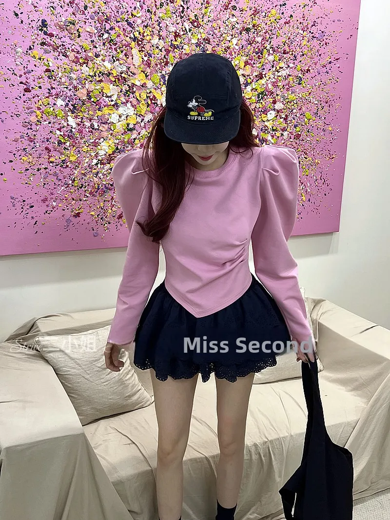 Magic Curve Irregular Padded Shoulder Bubble Sleeve Top Women's Korean Style Commute Fashion Pleated Long Sleeve T-shirt