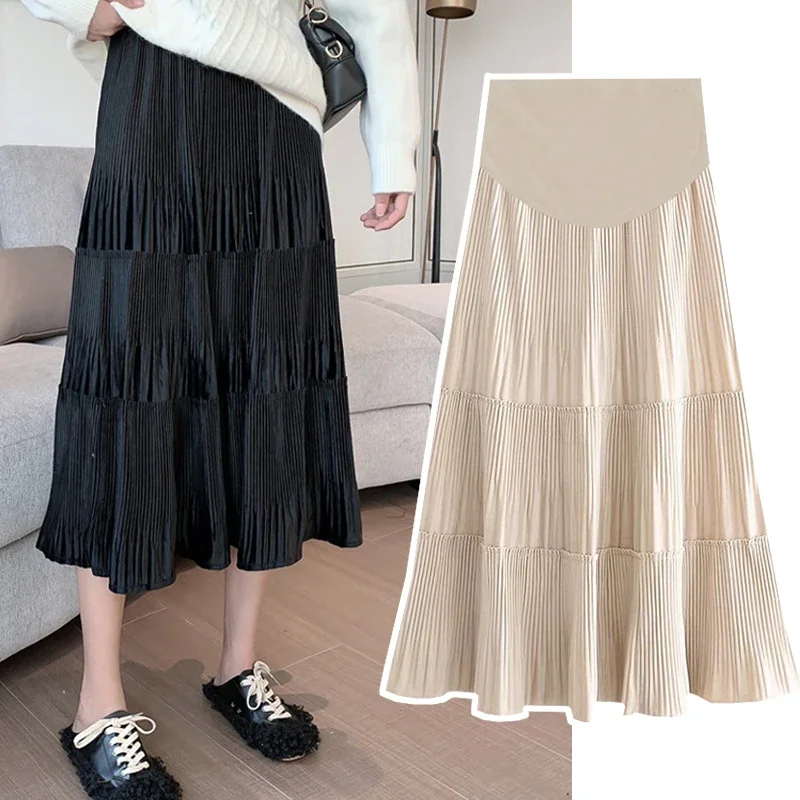 

2023 spring fashion pregnant women leisure skirts high waist maternity belly skirts long loose pregnancy pleated skirts clothes