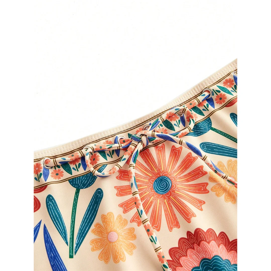S - XL Neuer, mit Blumenmuster bedruckter Badeanzug mit Rock für Damen, einteiliger Badeanzug, Damen-Badeanzug mit V-Ausschnitt und hohem Beinausschnitt, Badebekleidung, Badeanzug, Modell V8041. – Detail 8