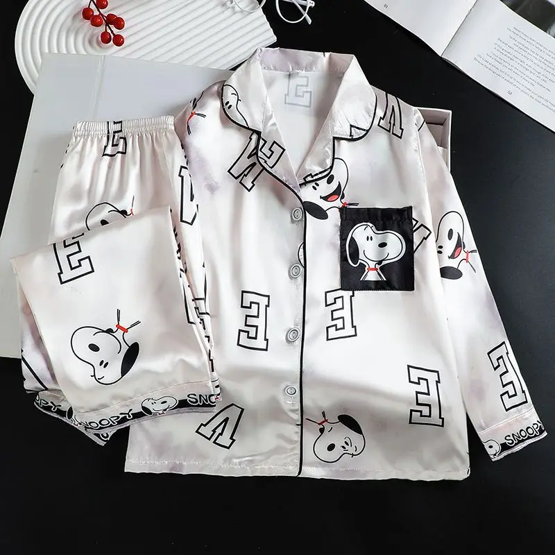 Cute Snoopy Children's Pajamas Summer Kawaii Thin Style Ice Silk Long Sleeves Long Pants Comfort Boys and Girls Home Suit Set