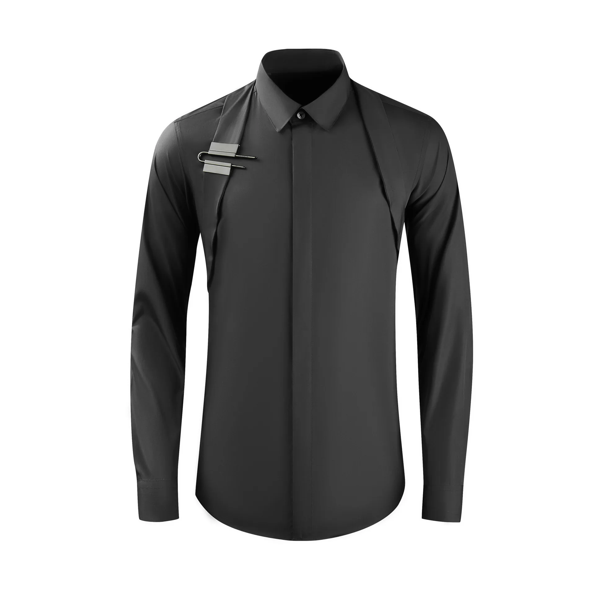 

Brand Men's Long-sleeved Shirt 3D Webbing Metal Buckle 2023 Spring Pointed Collar Casual Slim Shirt Social Party Tuxedo Blouse