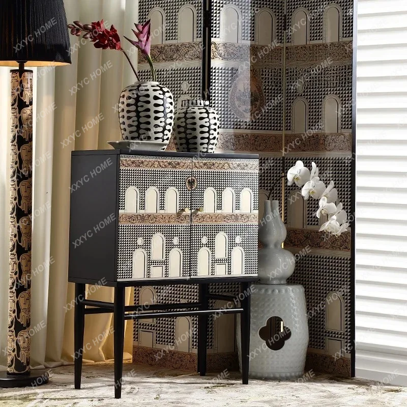 X35 Medieval  Retro Black And White Lattice Locker Side Cabinet Entrance Entrance Jewelry Cabinet