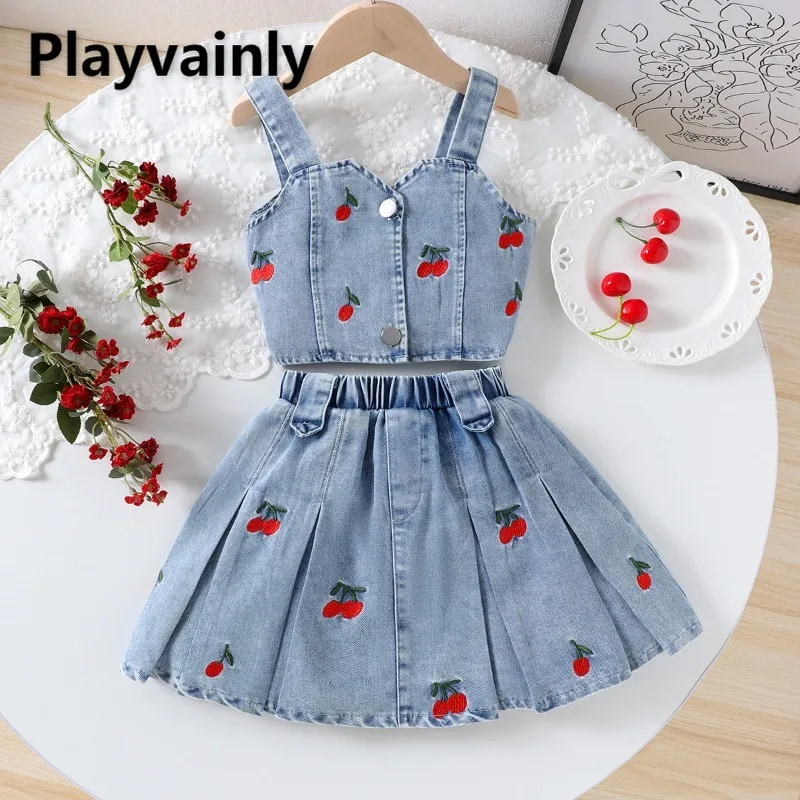 

Summer Baby Girls Two Piece Set Cute Embroidery Denim Button Front Vest Top+Short Skirt Fashion Outfits for Beach Holiday X2475