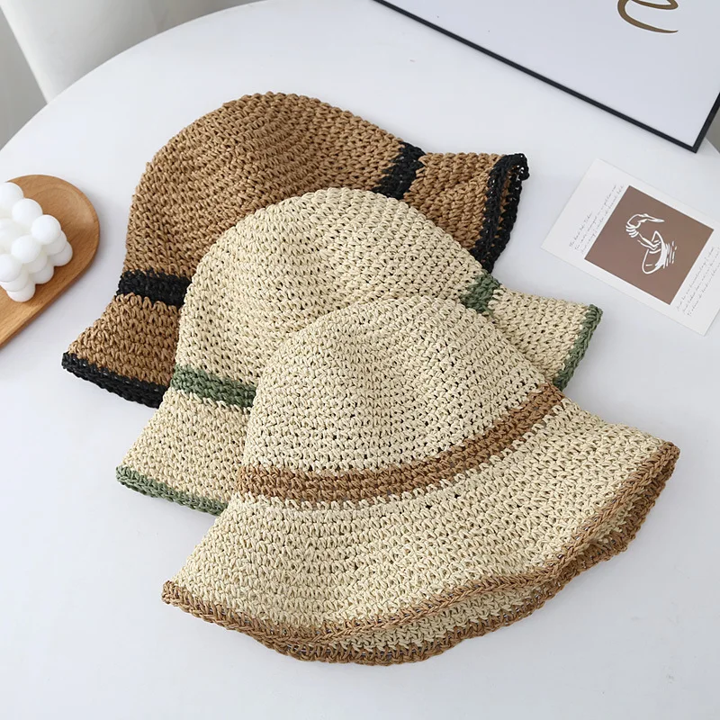 New Summer Foldable Straw Crochet Bucket Hat For Women Outdoor Sunshade Fisherman Hat Fashion Lady Holiday Beach Hat Spring Gift