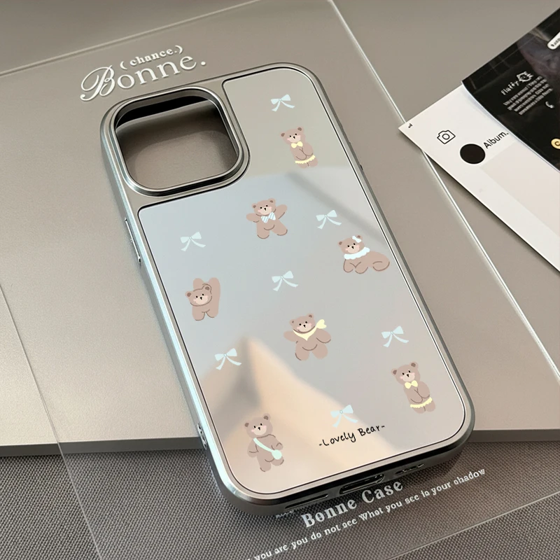 INS Korean Cute little bear print Mirror Cute Phone Case For iPhone 17 Air 16 15 Pro Max 14 13 12 11 Plus Y2K Cover