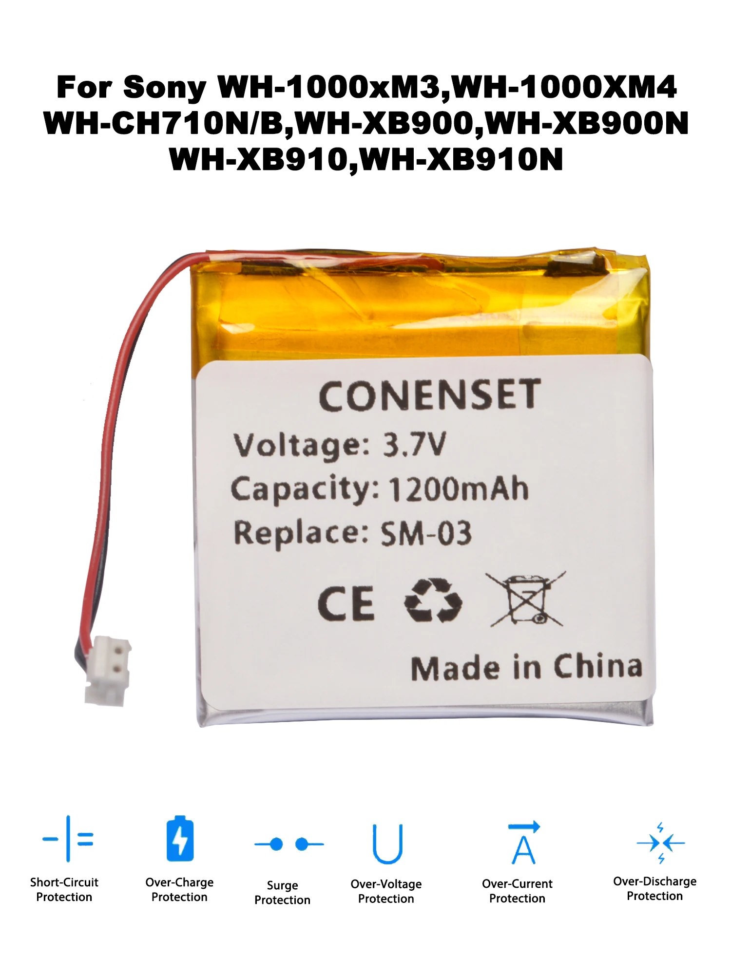 Bateria zamienna 3.7V 1200mAh do słuchawek bezprzewodowych Sony WH-1000XM3 WH-1000XM4 WH-XB900 WH-XB900N WH-CH710N/B SM-03 — zdjęcie produktu 2