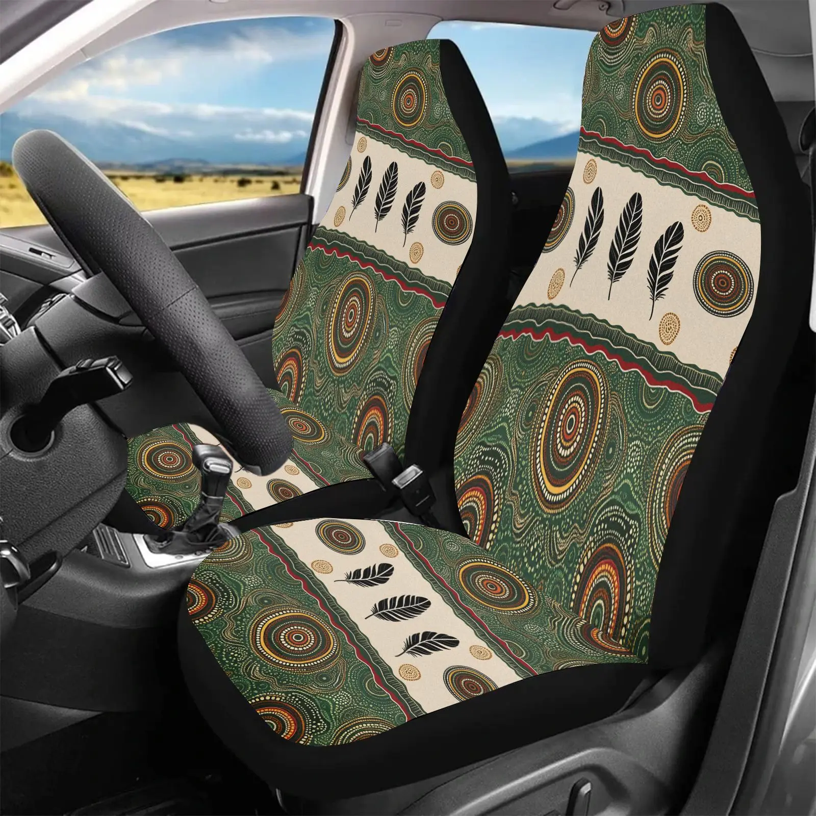 Car Seat Covers Green And Beige With Tribal Patterns And Feather Motifs For Car Interior Decoration