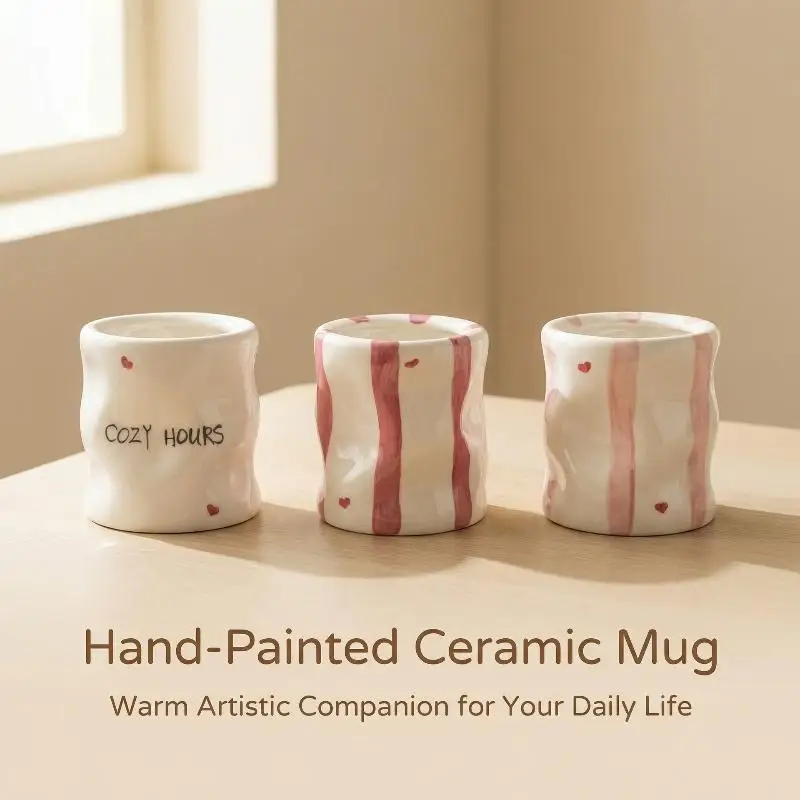 Hand Painted Striped Heart Ceramic Mug Irregular Wrinkle Shape Ins Style Coffee Cup For Home Office Afternoon Tea Time Use
