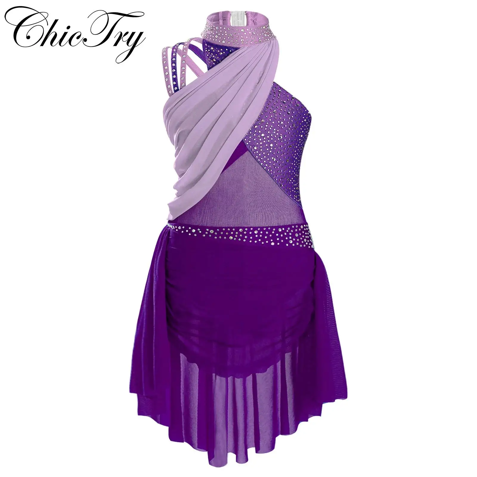 

Kids Girls Ballet Leotard Dress Modern Contemporary Dancewear Rhinestones Figure Ice Skating Costume Sleeveless Lyrical Dress