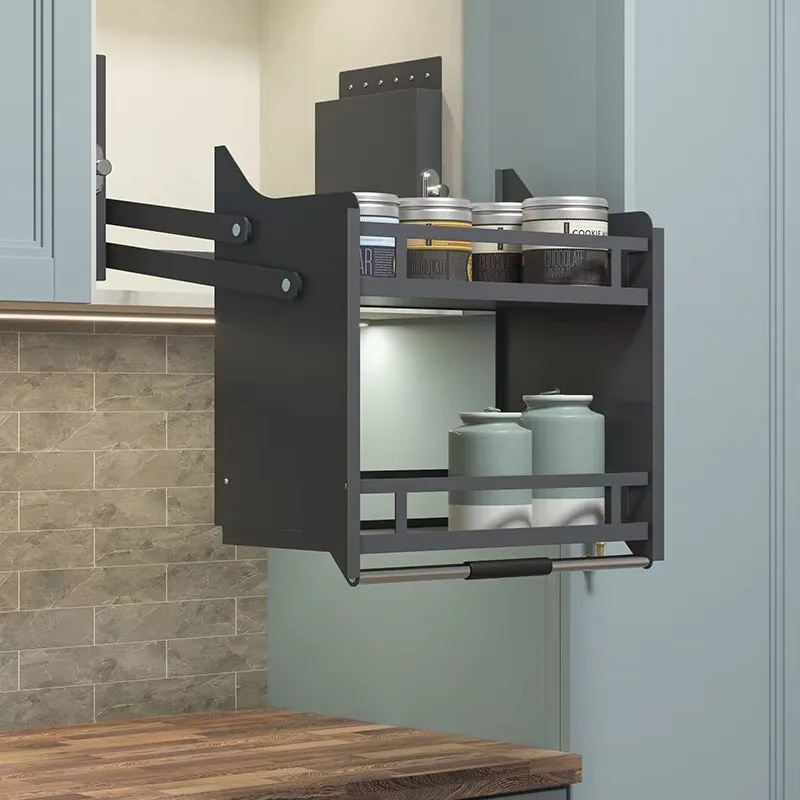 Heavy-duty pull-down kitchen cabinet lift basket system, stable mechanism, adjustable height, efficient storage
