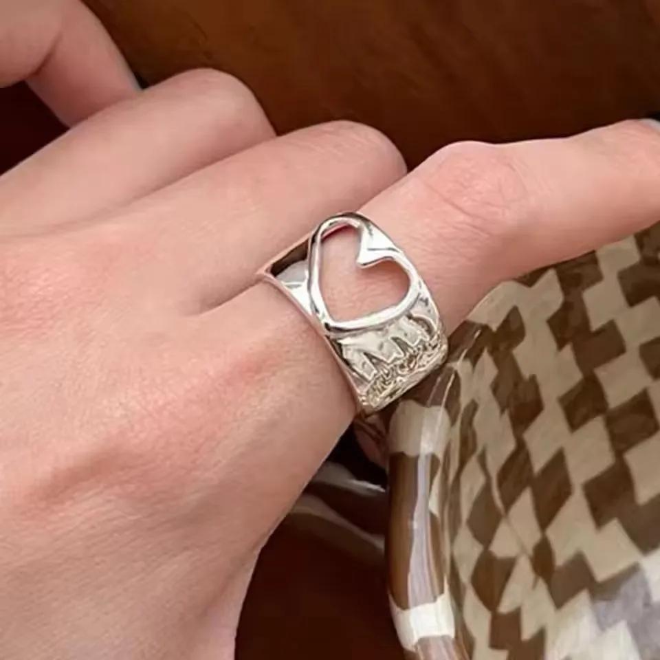 925 Sterling Silver Rings For Women Open Minimalist Retro Heart Ring Creative Anillos Bague Fine Jewelry
