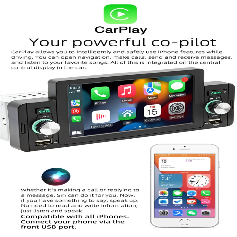 Lettore multimediale da 5 pollici Car Carplay MP5 Radio FM Bluetooth Video lettore musicale MP3 schermo HD per iPhone IOS Android 1 Din