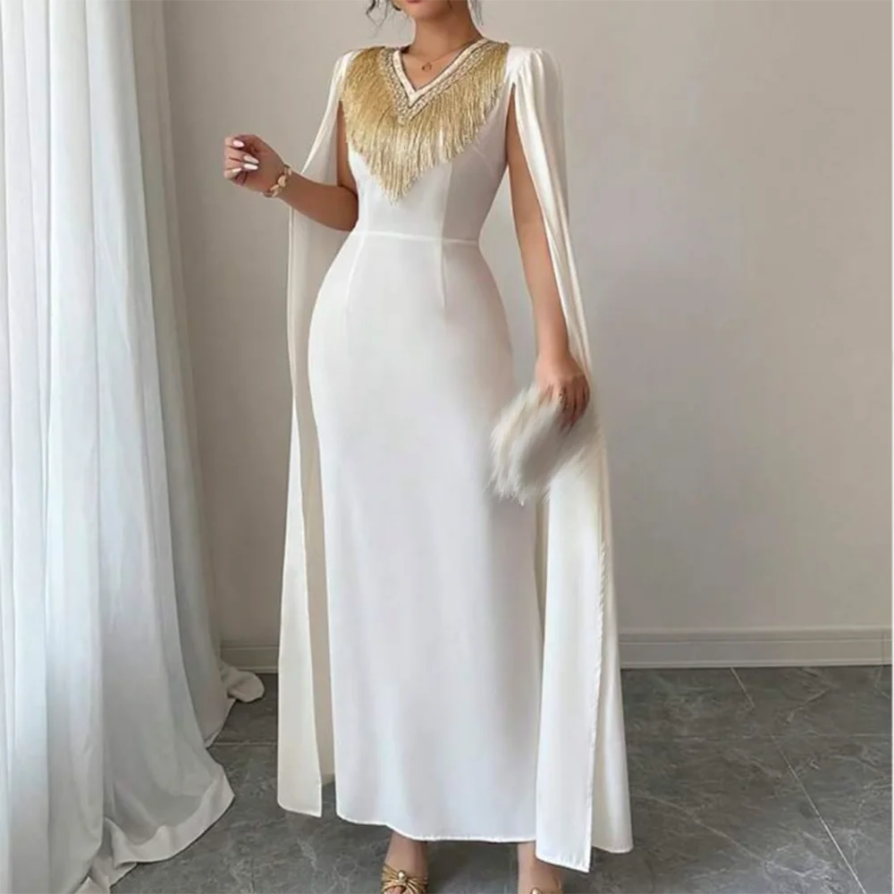 

Customized White Straight Prom Dresses Ankle-Length V-Neck Sleeveless Evening Gown Simple Fashion Draped Tassel Party Gown