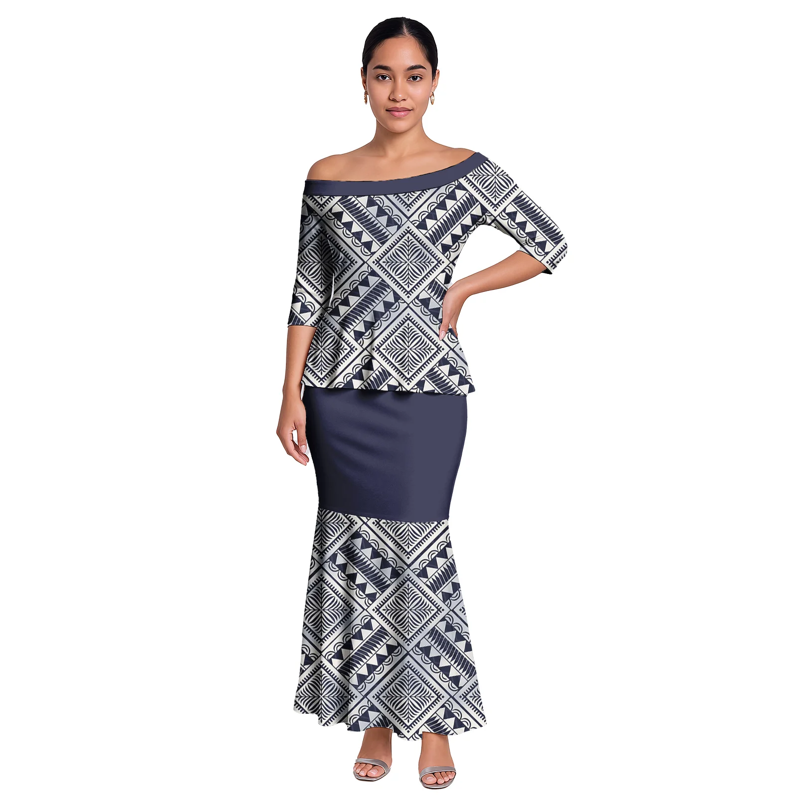 جودة عالية شعار مخصص الملابس ساموا التصميم الكلاسيكي بلوزات والتنانير 2 قطعة مجموعة فستان المرأة البولينيزية الأنيقة هاواي Puletasi