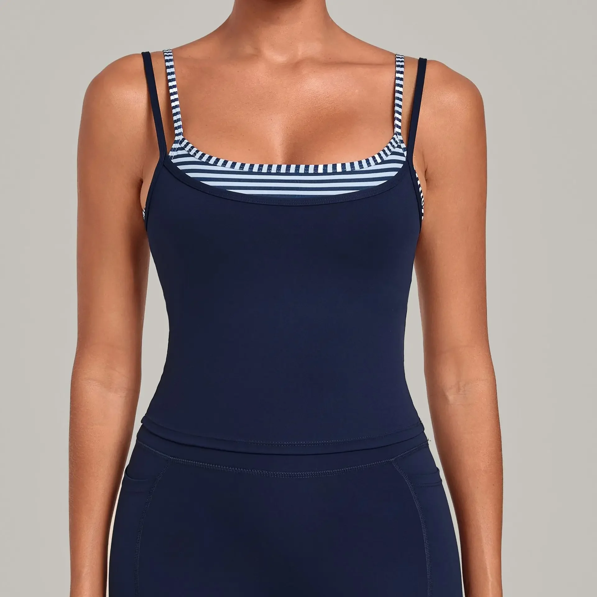 Vintage Print Color Block Sports Tank Top Faux Two-piece Double Straps Waist Shaping Yoga & Fitness Base Layer Built-in Bra Pads