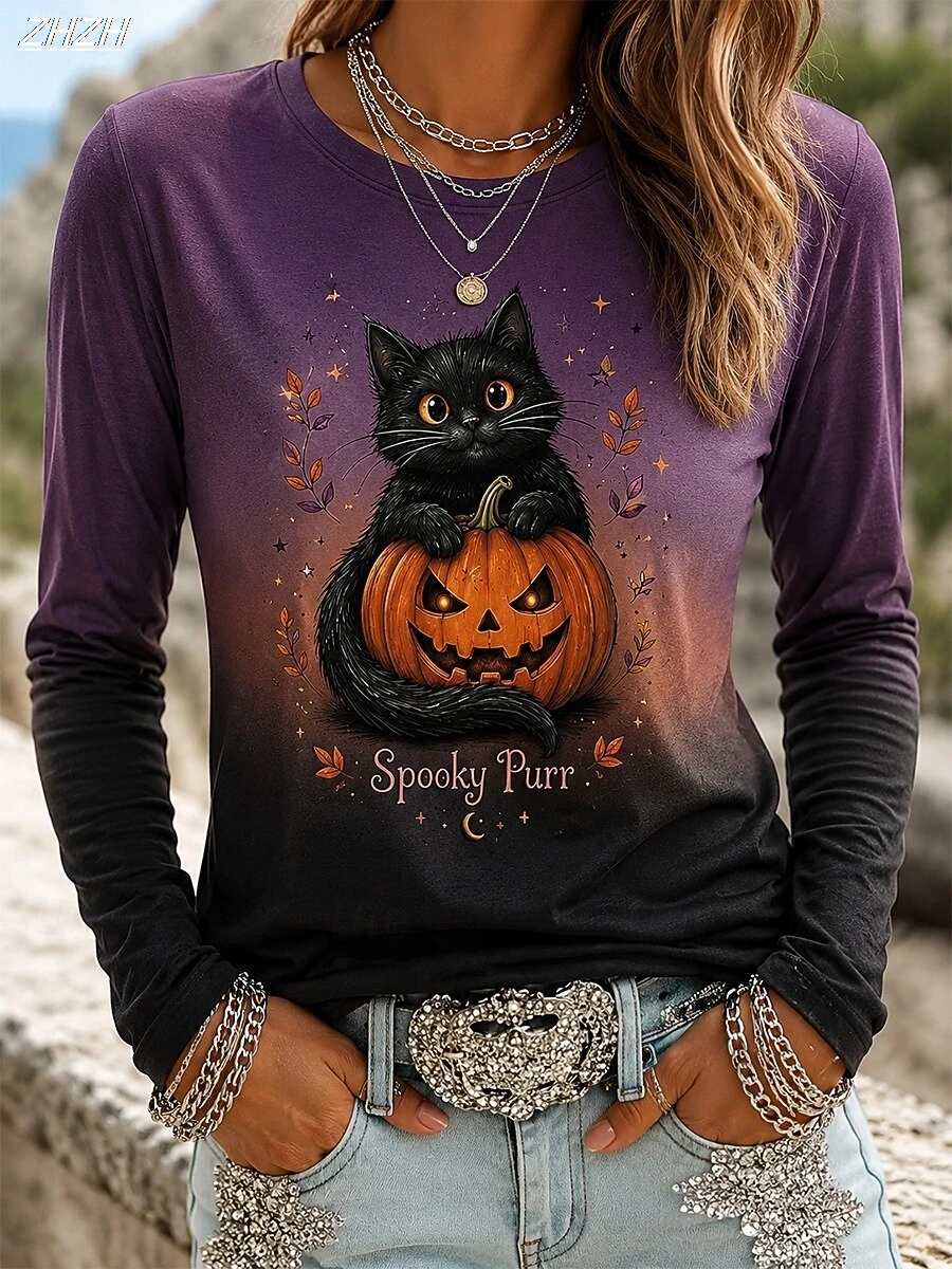 Women Halloween Black Cat Pumpkin Print Long Sleeve T‑Shirt Crew Neck Casual Fall Festival Graphic Top
