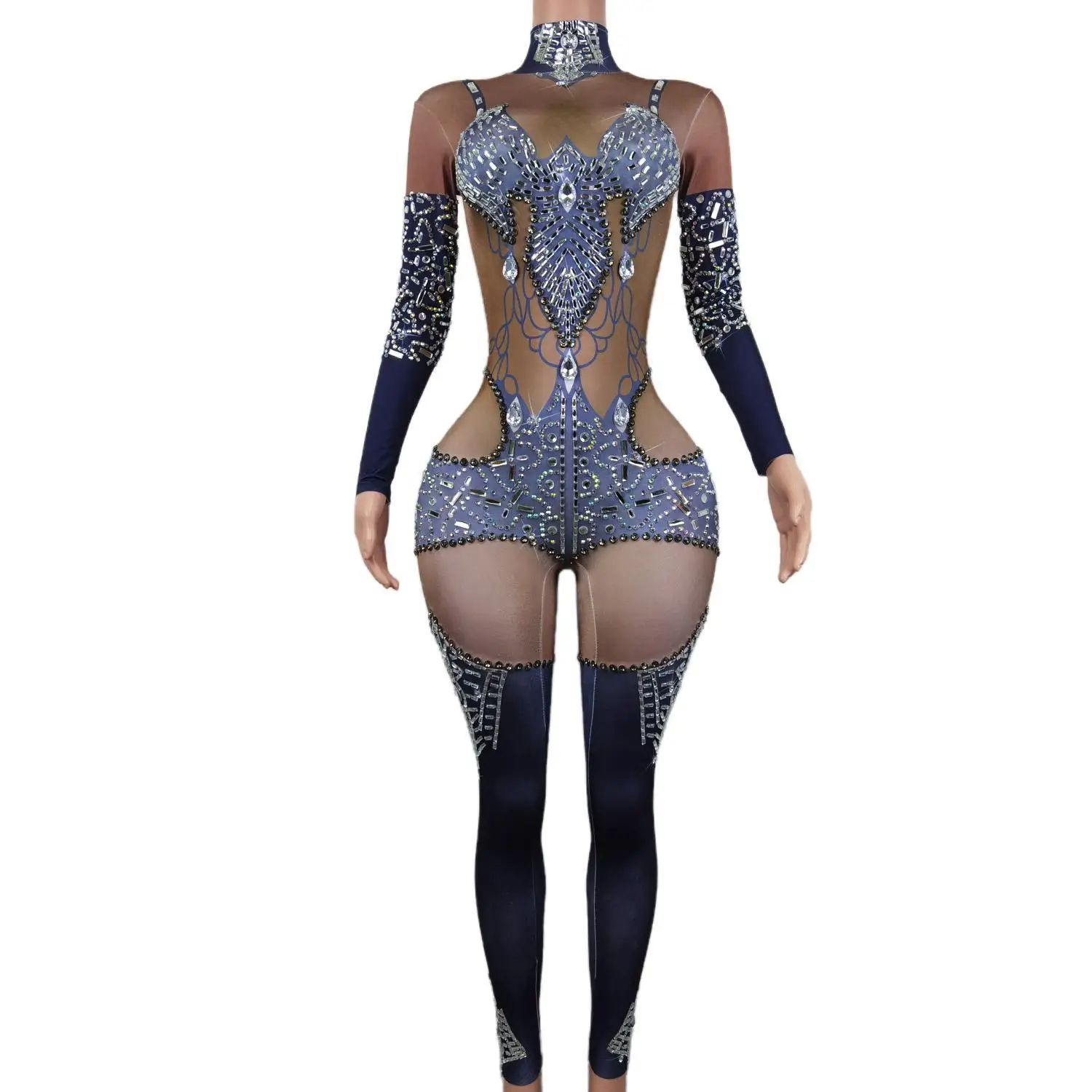 

Silver Rhinestones Jumpsuit 2024 Black Girls Dance Show Bodysuit Evening Birthday Party Celebrate Costume leggings Heitianshi