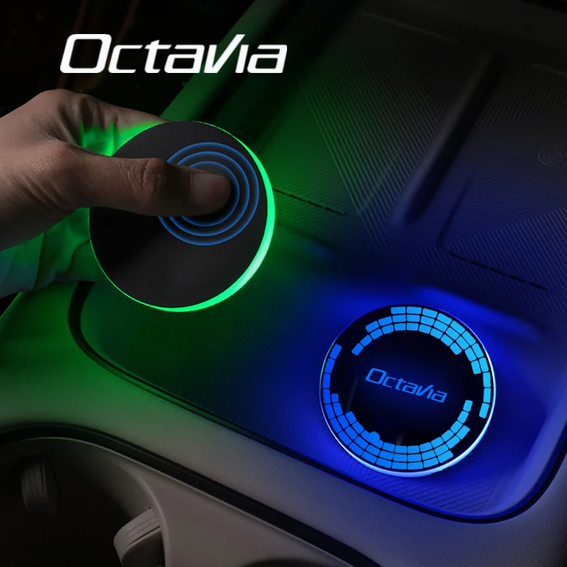 7 Color USB Charging Car Led Luminous Car Water Cup Coaster for Skoda OCTAVIA Badge Auto Interior Ambient Light Decoration