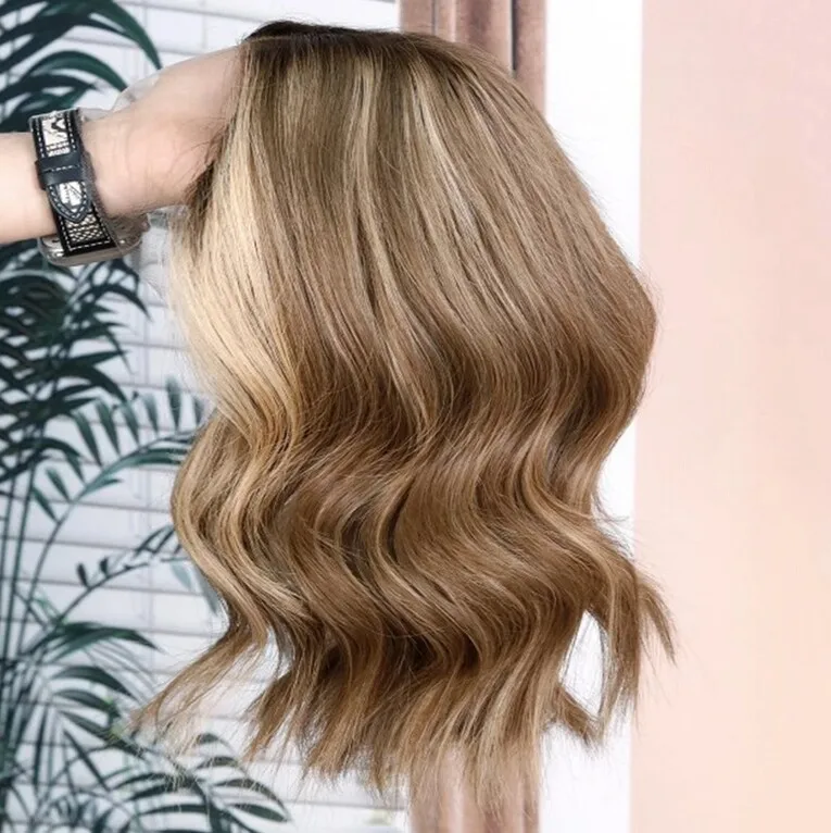 Women's Wig Free Part Short Brown Balayage Synthetic Lace Top Wig With Dark Roots Loose Wave High Quality 100% Premium Fibre 12