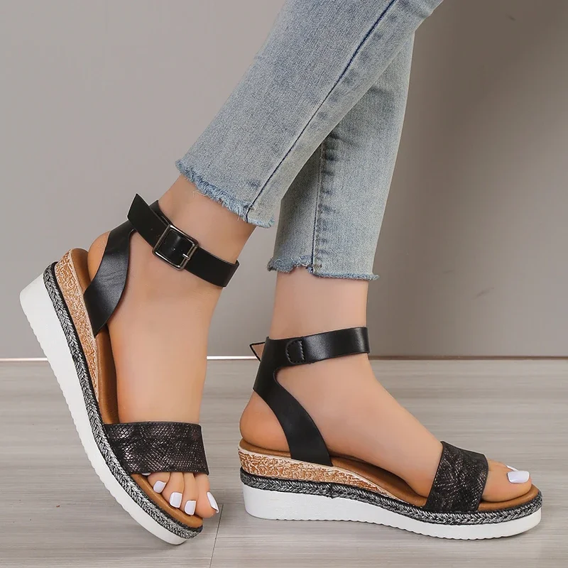 Sandalias con hebilla y correa para mujer, zapatos informales con punta abierta, talla grande, gran oferta, verano, 2024