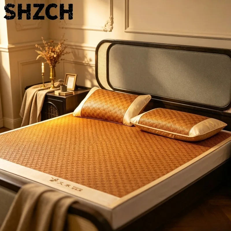 Mugwort Mosquito Repellent Summer Mat, Foldable Ice Silk Cooling Rattan Pad for Bed, Breathable Bamboo Sheet for Dorm Use.