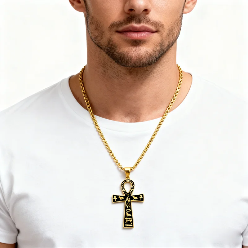 المصرية عنخ الصليب قلادة قلادة الفولاذ المقاوم للصدأ سلسلة مصر القديمة الهيروغليفية الهيب هوب مجوهرات للرجال النساء هدية #6