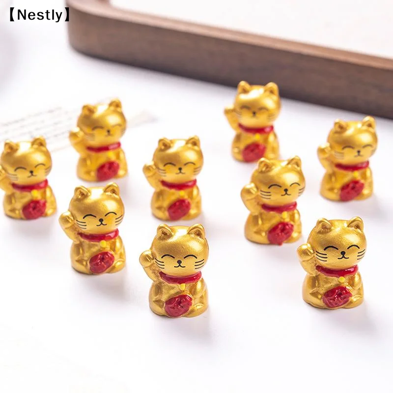 10pcs Mini Wealth Lucky Gold Cat Animal Decoration Resin Craft Miniature Figure Bonsai Microlandscape Fairy Garden Decor〔Nest〕