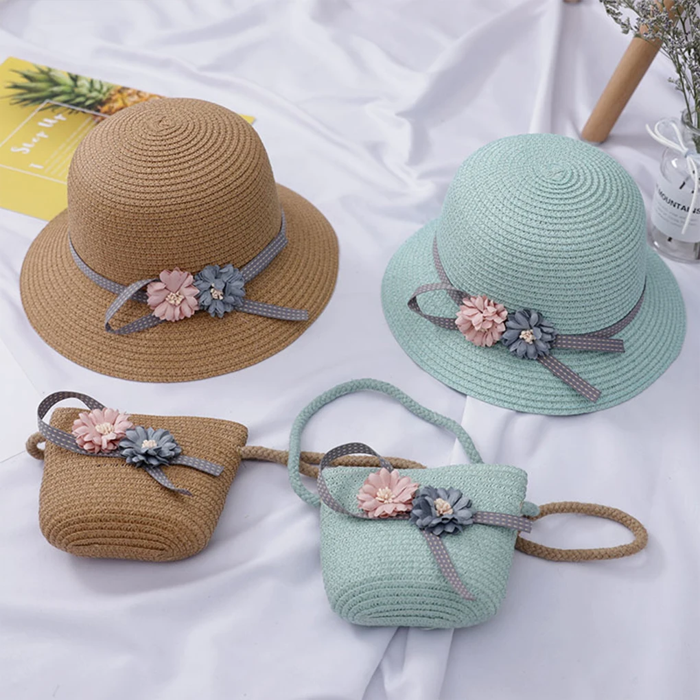 2PCS Cute Woven Children’s Shoulder Crossbody Bag Woven Straw Hat Set Sun Protection Sun Hat Fisherman Hat Baby Sun Hat