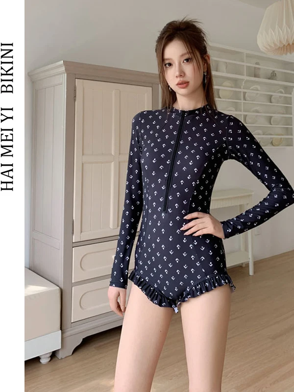 

Hamiyi 2024 New Long Sleeve Swimsuit Women's Conservative Belly Covering Hot Spring Swimming Suit Simple Style Casu...