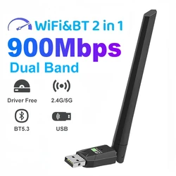 PC用Wifiアダプター,ワイヤレスネットワークカード,ドングル,usb,bluetooth 5.3,pc,bt,wif6,2.4g,5g,ドングル,win10,11, 900mbps,2 in 1