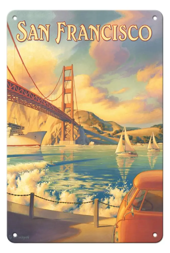 Pacifica Island Art San Francisco California - Golden Gate Bridge - Marin Headlands - Vintage Travel Poster by Kerne Erickson -