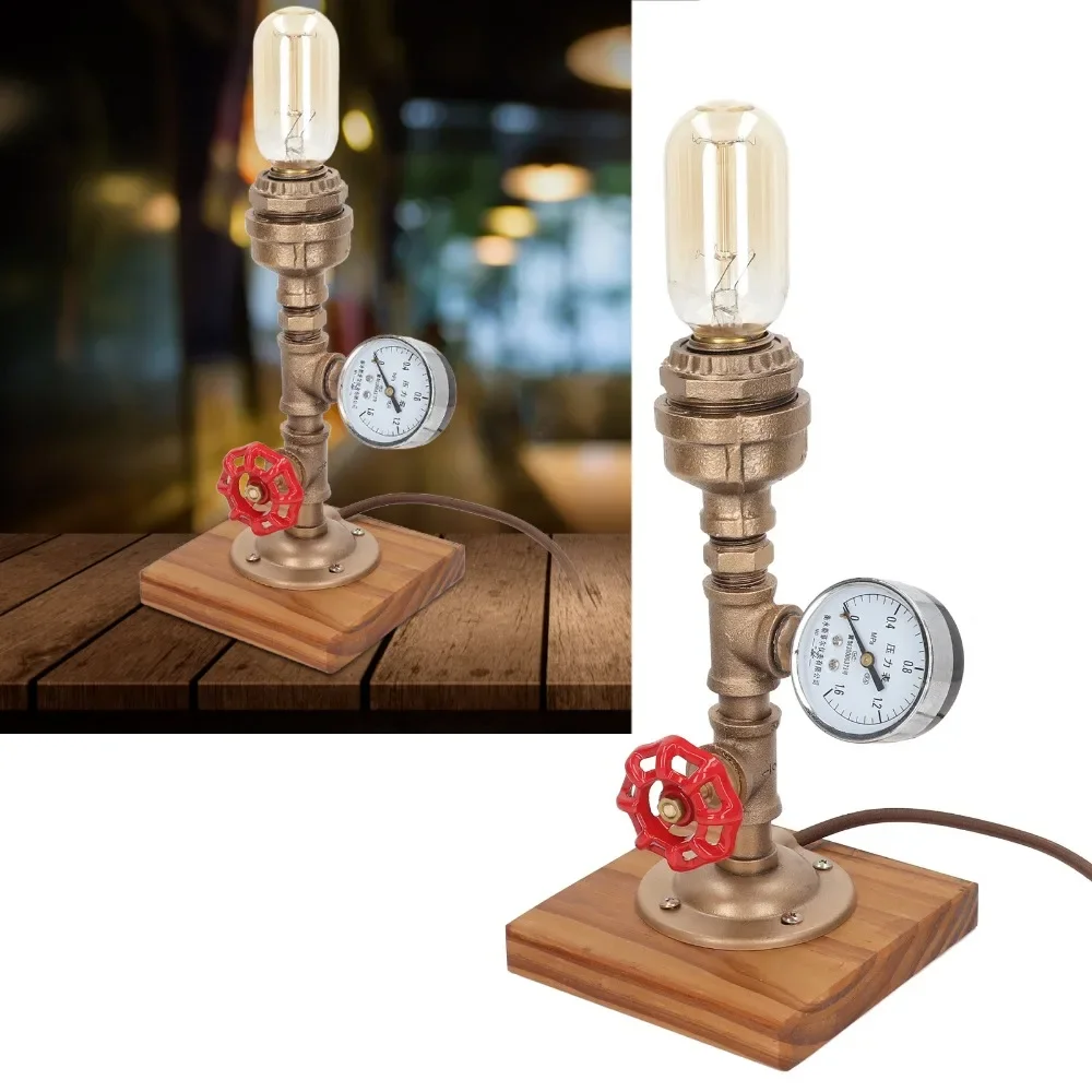 Malleable Steel Water Pipe Lamp Carbonized Pine Wooden Base Iron Pipe Table Light E26 E27 Socket Hand Wheel Switch Table Lamp