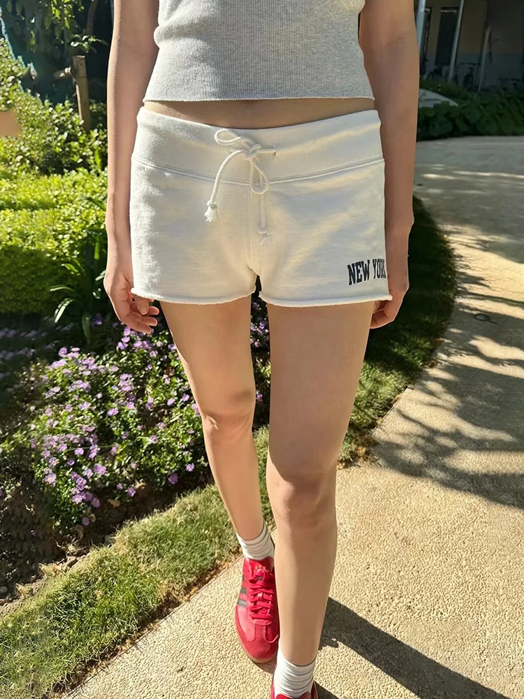 

Letter Print Drawstring White Shorts Women Summer Cotton Raw Hem Loose Straight Short Pant Streetwear Vintage Casual Sweatshorts