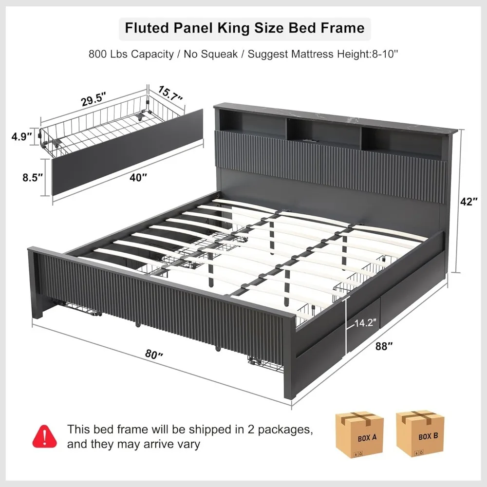 King Bed Frame with Bookcase Headboard & Charging Station, 4 Drawers, Wood Slats Support, Fluted Panel Modern Wood Bed Frame