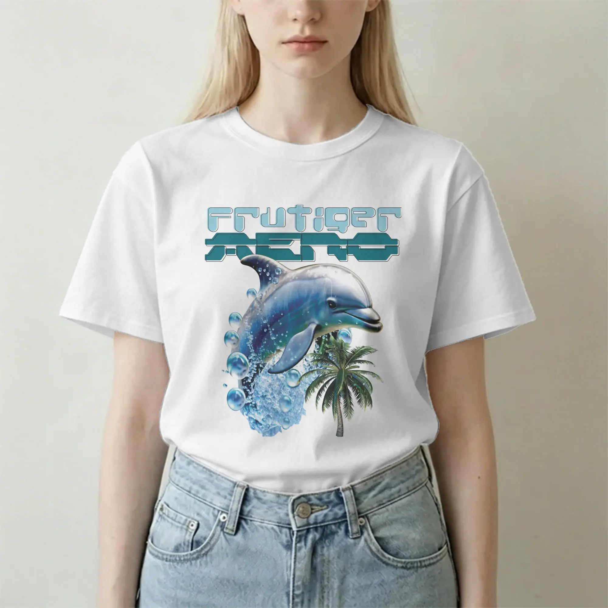 Frutiger Aero with Dolphin and Palm Tree T-Shirts Men Women Pure Cotton Tee Shirt Round Collar T Shirts Original Clothing