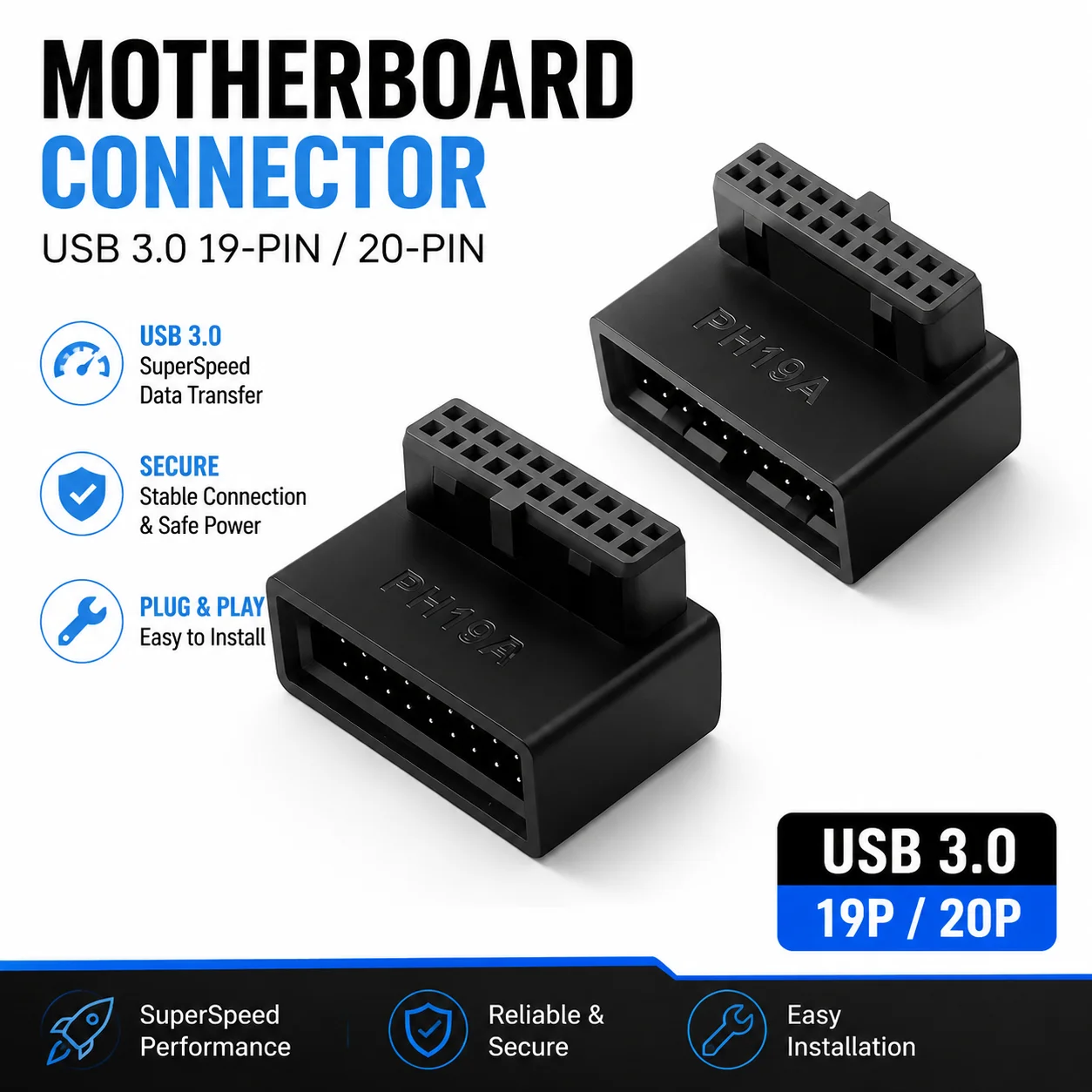 USB 3.0 19Pin to 20Pin Motherboard Header Adapter 90 Degree Right Angle Converter Desktop PC Internal Connection Cable Accessori