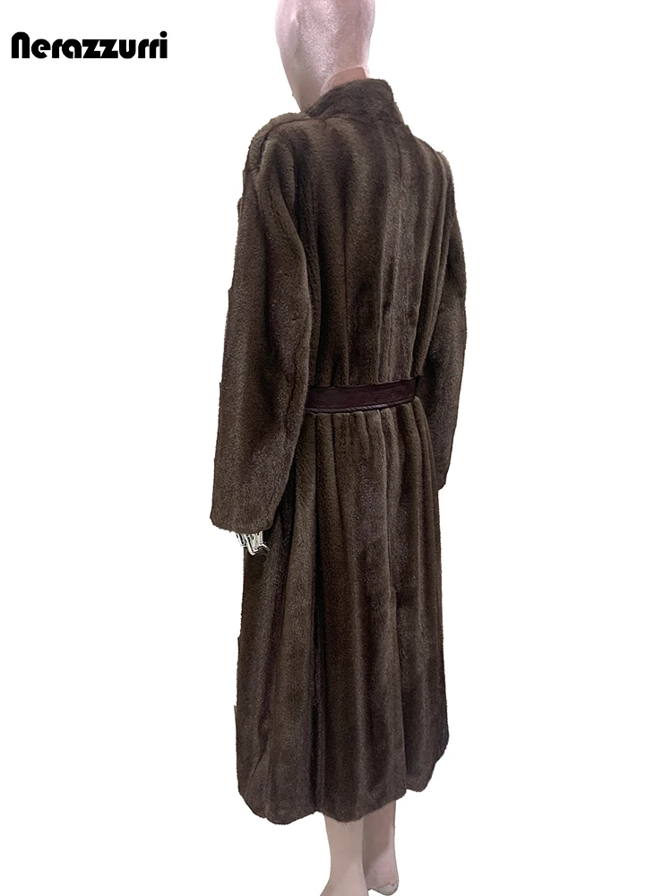 Nerazzurri outono inverno longo quente macio fofo marrom falso casaco de pele de vison feminino com faixas de couro do plutônio roupas de grife de luxo