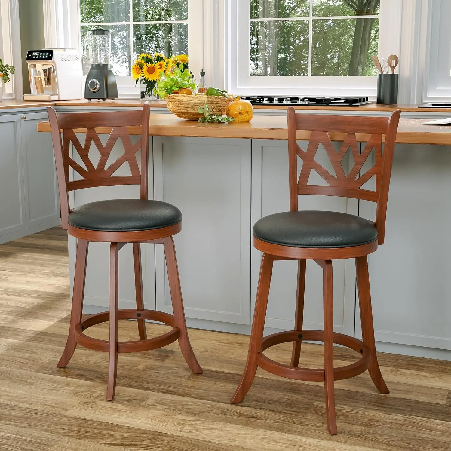 

24" Counter Height Swivel Bar Stool with Upholstered Seat & Wood Footrest for Kitchen Island Pub, Set of 2, Customized