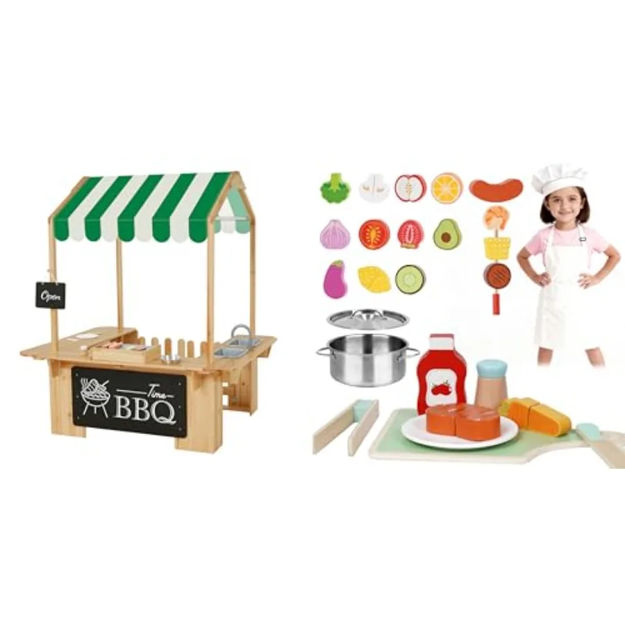 Outdoor Playhouse Mud Kitchen Set with BBQ Toys + Wooden Cutting Food Playset for Toddlers, Interactive Pretend Play Kitchen Ou