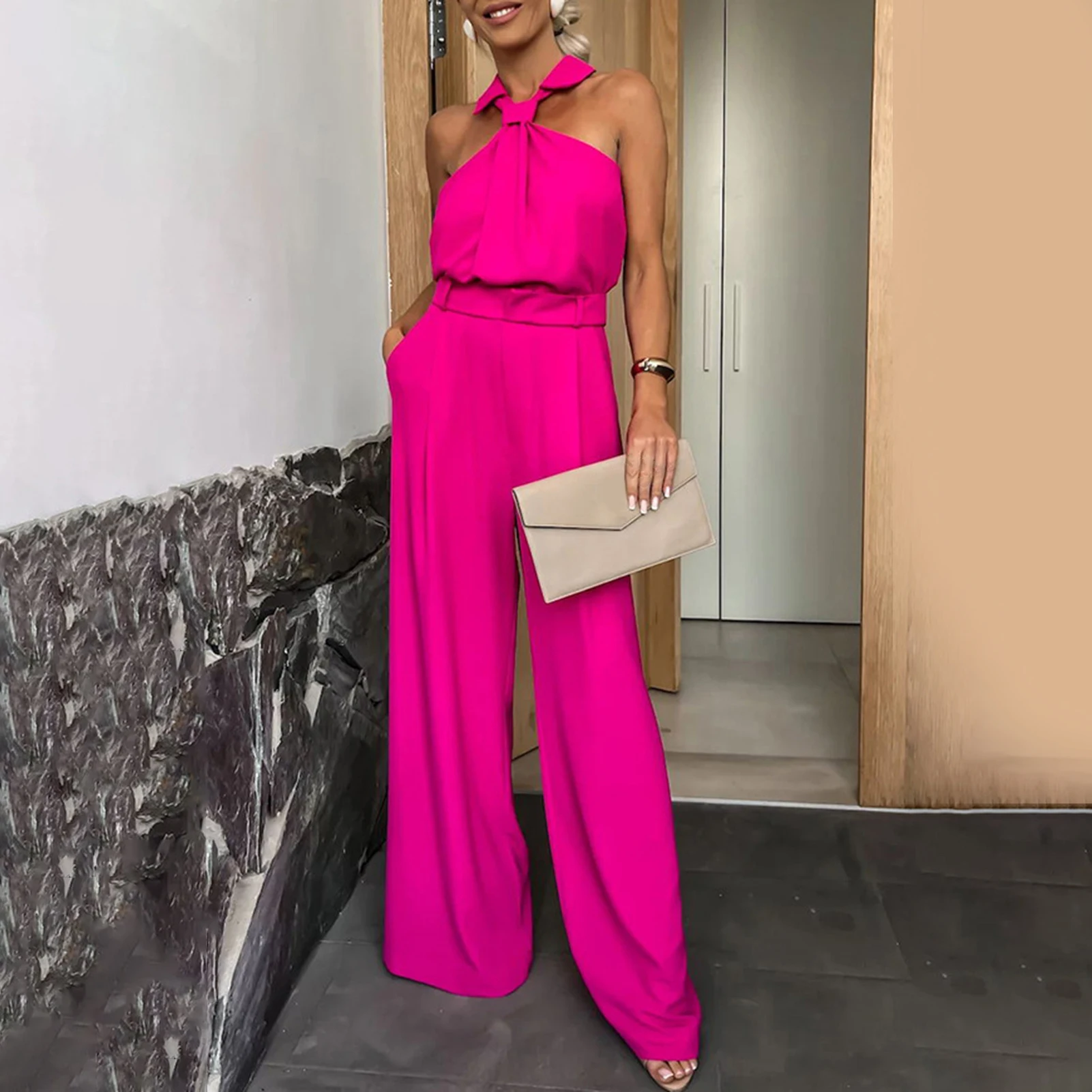 Elegant Jumpsuits for Women 2023 Spring New Plain Elegant Office Lady Loose Ruched Cold Shoulder Hem Wide Leg Jumpsuit Dungarees