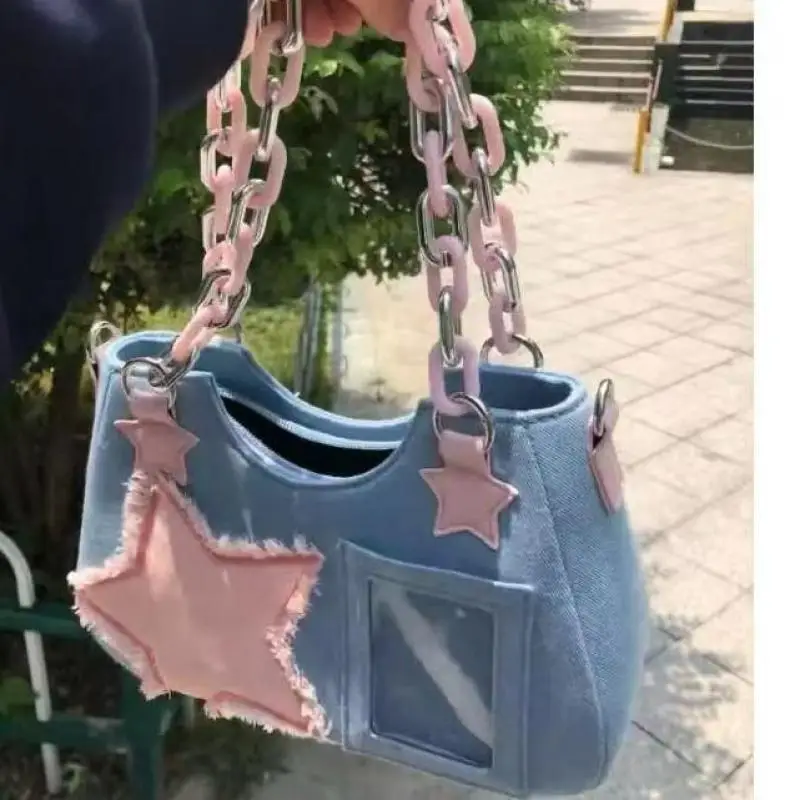 

Корейская модная джинсовая сумка со звездами, сумка через плечо, повседневная сумка 2024, новинка, винтажная сумка для девочек Y2k, сумка на плечо в японском стиле, женская сумка