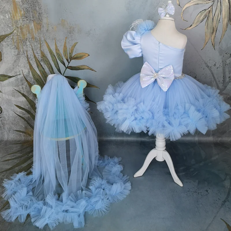 Blue Flower Girl Dresses Tulle With Bow And Tailing Single Sleeve For Wedding Birthday Party Banquet Princess Gowns