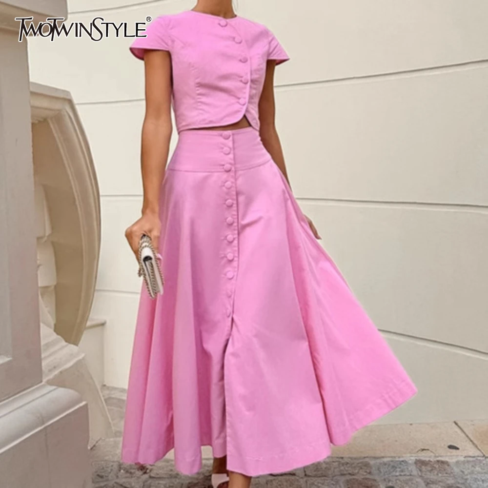

TWOTWINSTYLE Solid Spliced Button Two Piece Set for Women O Neck Short Sleeve Top High Waist Skirt Sets Female New