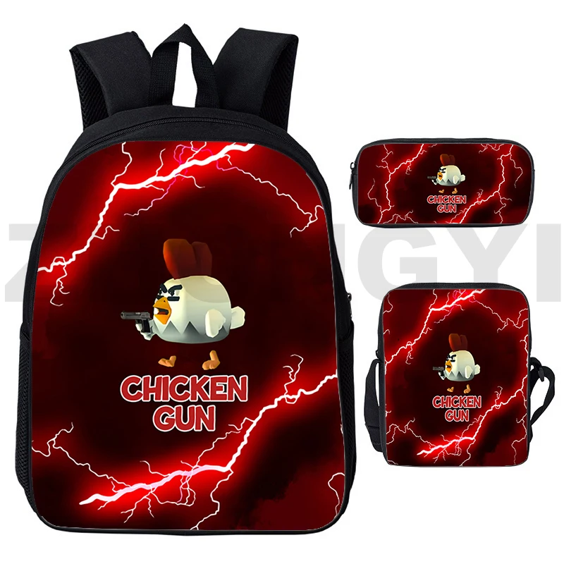 Mens Anime Chicken Gun Backpack 3 in 1 Fashion School Bags for Girls Portable Daily Travel Shoulder Bag Pencil Bags Kids Bookbag