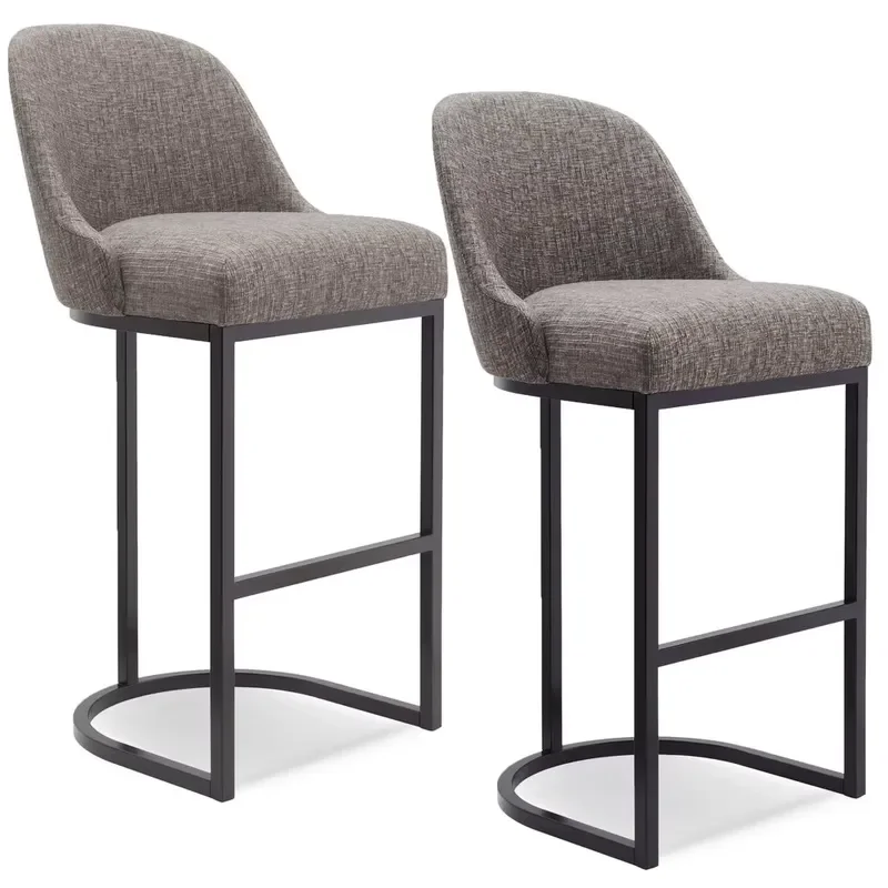 Grey Linen Bar Stools with Metal Base 2 Sets Kitchen Counter Chairs Modern Interior Barrel Back Design for Home Bar Dining